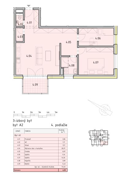 Floor plan of a 3-room apartment with a balcony, bathroom, and storage room on the fourth floor.