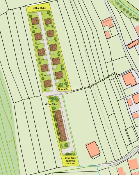 Plan Development Plots in Nesluša with Dimensions and Layout of Houses.