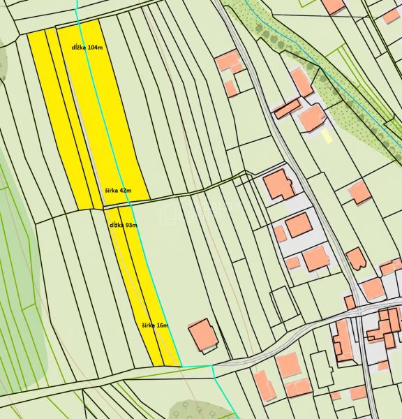 Cadastral map of residential plots in Nesluša with marked dimensions and parcels.