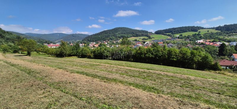 Panorama of the plots - living in Nesluša shows meadows and scattered development of the village.