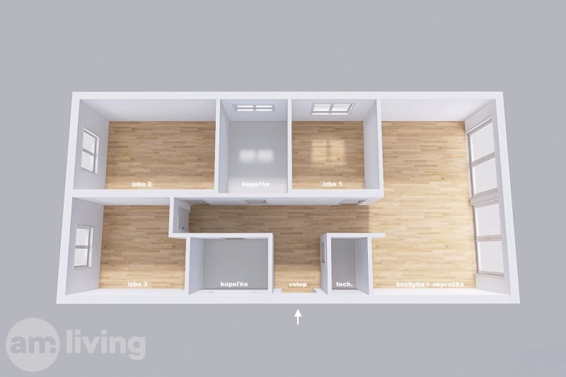 Floor plan of a family house with three rooms and a wooden decor floor.