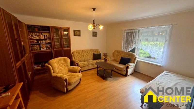 Living room in a cabin with sofas, armchairs, and a floor with a wooden decor.
