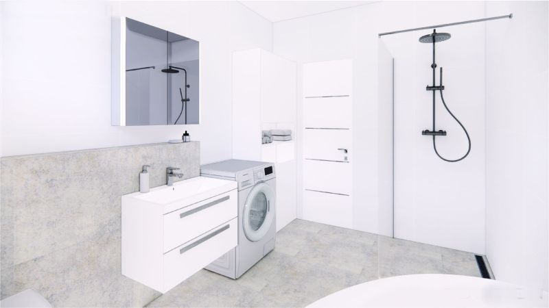 A bathroom in a family house with a shower, a sink, and a washing machine.