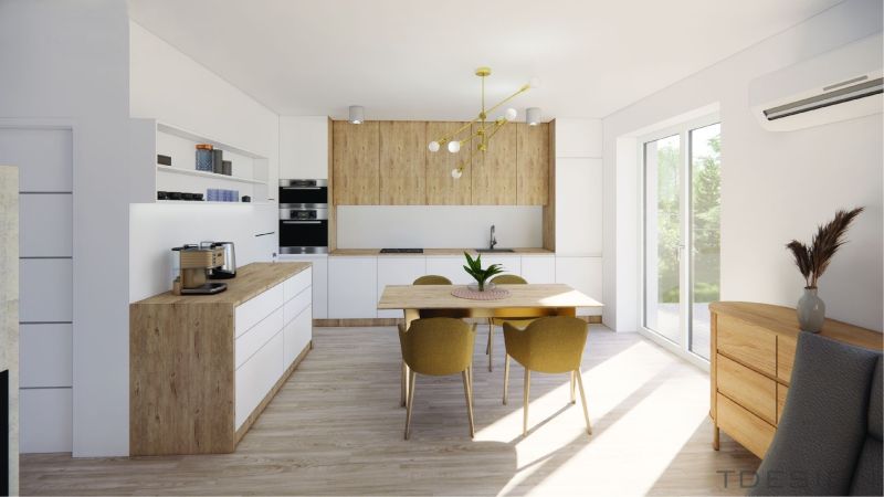 A kitchen in a family house with a dining table and a wooden decor floor.