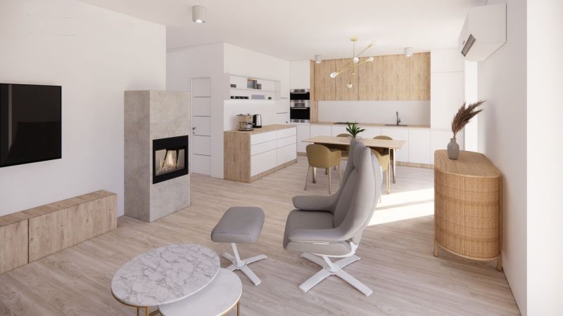 Living room with a fireplace and wood-patterned flooring in a family house.
