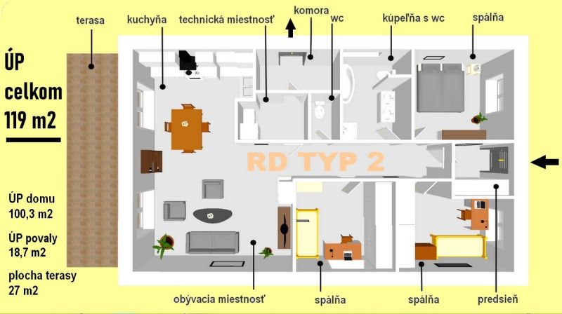 Floor plan of a family house with bedrooms, kitchen, terrace, and utility room.