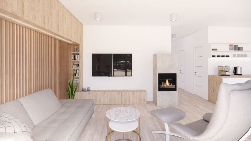 Living room in a family house with a fireplace, television, and wood-patterned flooring.