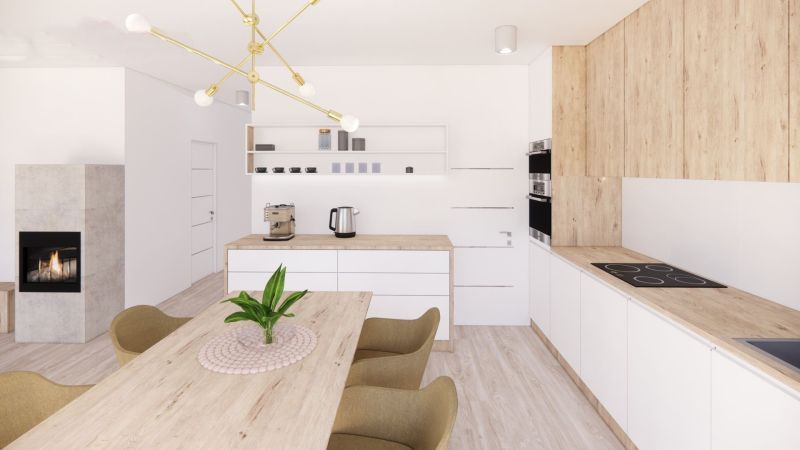 A kitchen in a family house with a fireplace and a floor with a wood decor.