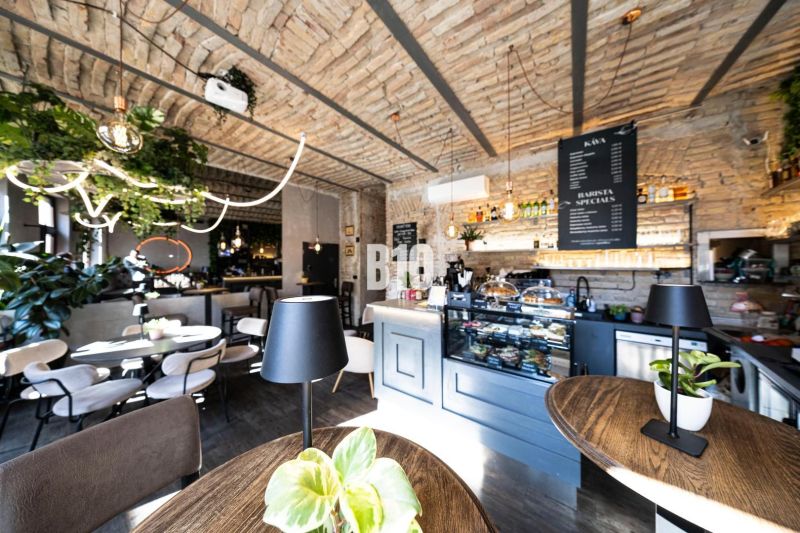 Stylish gastro spaces with brick vaults, greenery, and floors with a wooden decor.