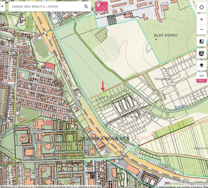 Map of areas near Bratislava - Devínska Nová Ves, specifically residential plots near Rakyta Street.