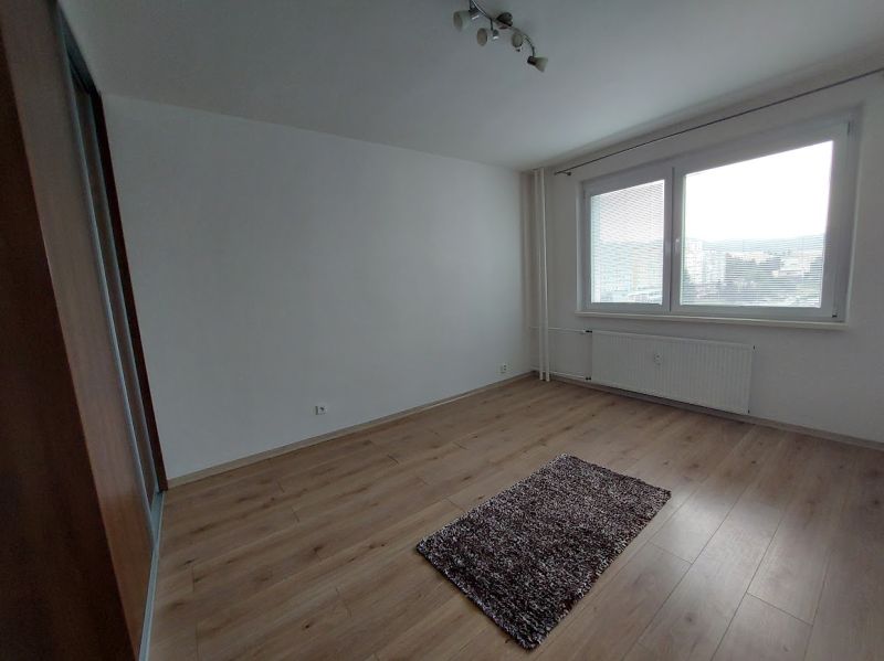 A bright room with a carpet and wood-patterned flooring in a three-room apartment.