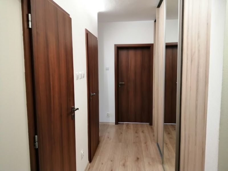 A hallway in a 3-room apartment with a wooden decor floor and a mirrored wardrobe.