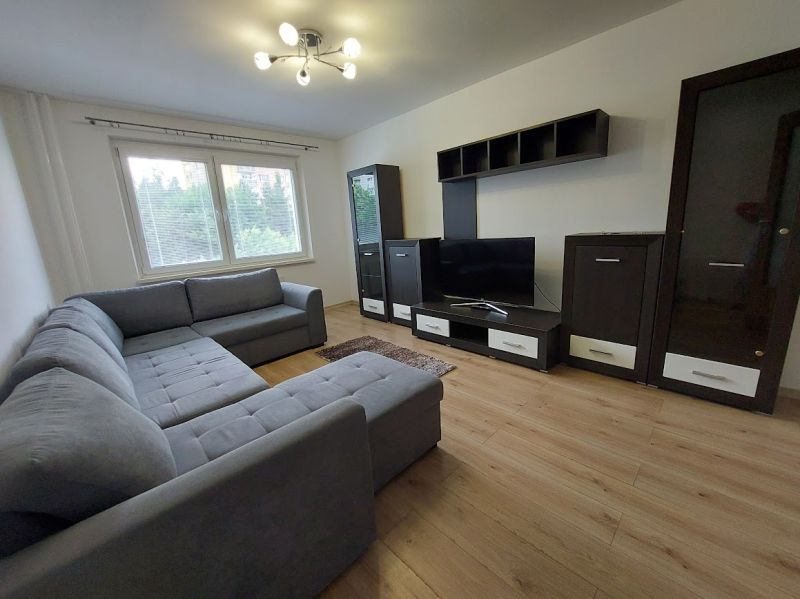 Living room in a 3-room apartment with a comfortable sofa and a wooden decor floor.