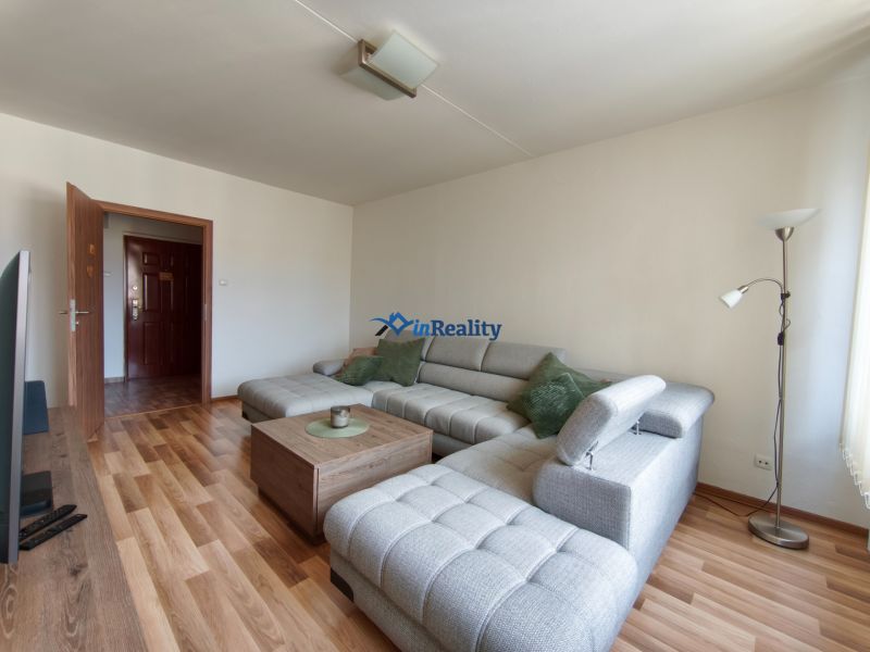 Living room in a 3-room apartment with a sofa and a wooden decor floor.