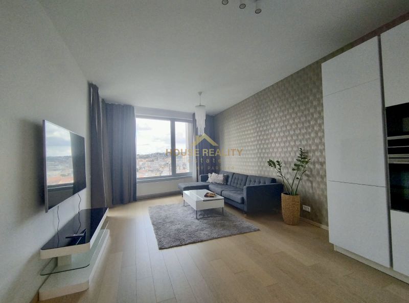 Living room in a two-room apartment with a sofa, TV, and a wooden decor floor.
