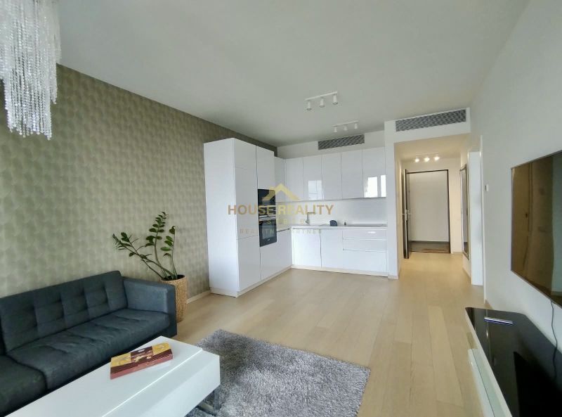 Living room with a white kitchen, gray sofa, and wood-patterned flooring in a two-room apartment.