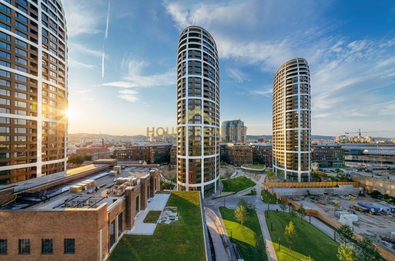 View of modern high-rise buildings and greenery in Bratislava - Old Town.