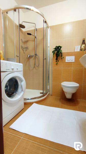 A bathroom with a washing machine, shower, and toilet in a 2-room apartment.