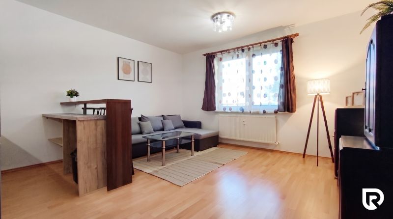 Living room in a two-room apartment with a wooden decor floor, gray sofa, and table.