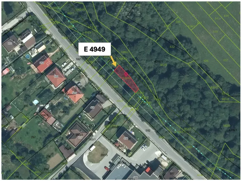 Aerial view of agricultural and forest land in Olešná with marked parcels.