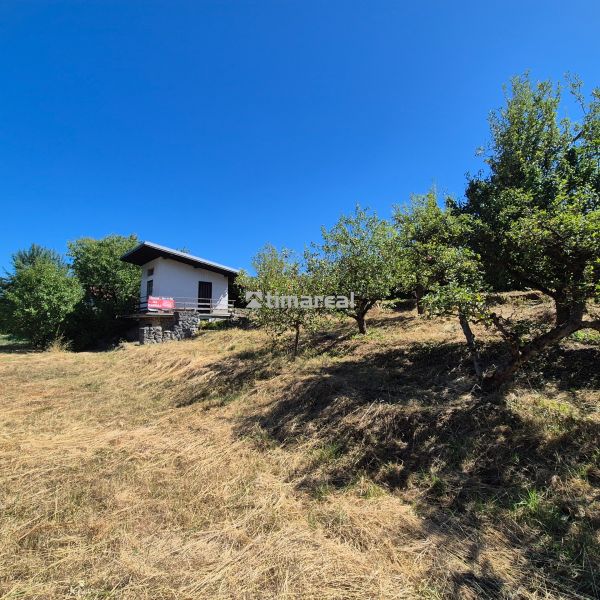 A cottage in Myjava amidst a grassy slope surrounded by trees and a blue sky.