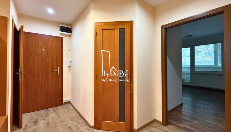 A hallway in a 3-room apartment with interior doors and flooring with a wood design.