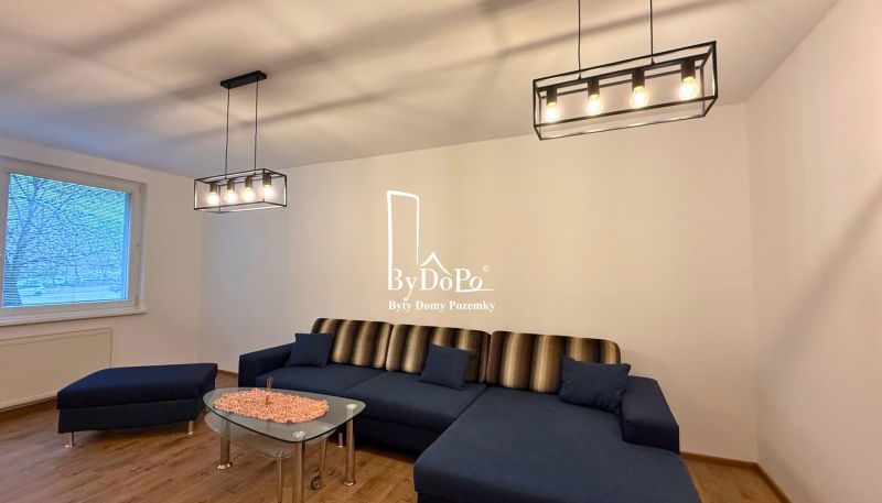 Living room with a sofa, chandelier, and wooden decor flooring in a three-room apartment.