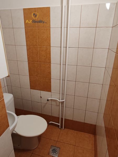 A bathroom with brown and white tiles in a studio apartment.
