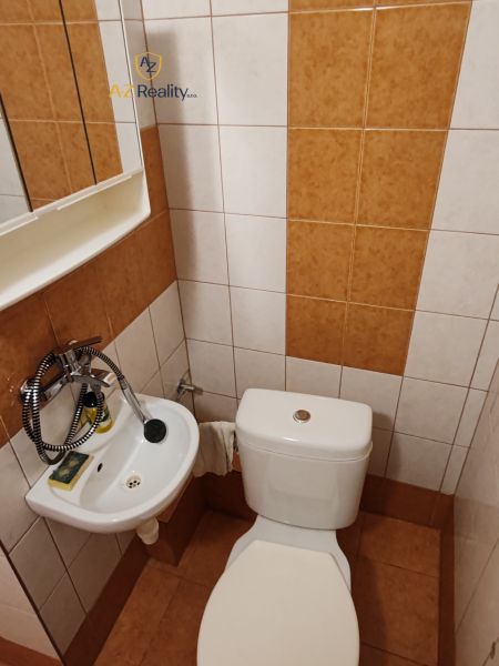 A studio apartment bathroom with a sink and toilet, tiles in white and brown color.