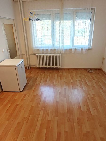 Studio apartment with wood-patterned flooring and a white refrigerator.