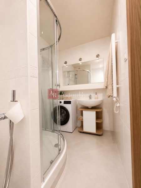 Bathroom with a shower, washing machine, and mirror in a 2-room apartment.