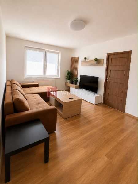 Living room in a two-room apartment with a wooden decor floor and a comfortable sofa.