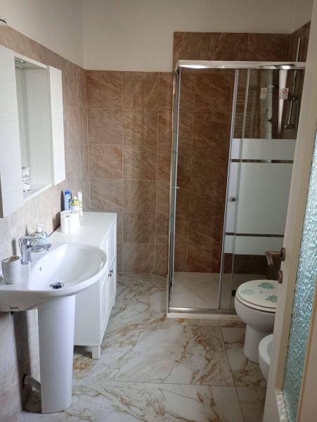 Bathroom in a holiday apartment with a sink, shower, and toilet.