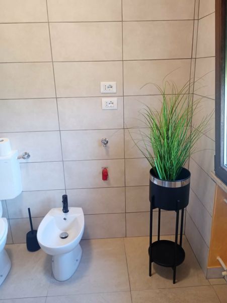 Bathroom in a recreational apartment with tiles and a plant stand.