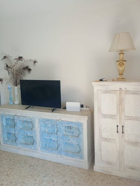 Wooden furniture with blue details and a television in a holiday apartment.