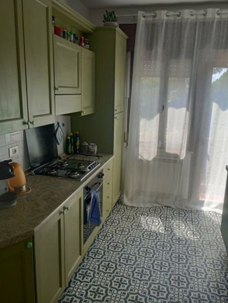 A kitchen in a holiday apartment with colorful tiles and green cabinets.
