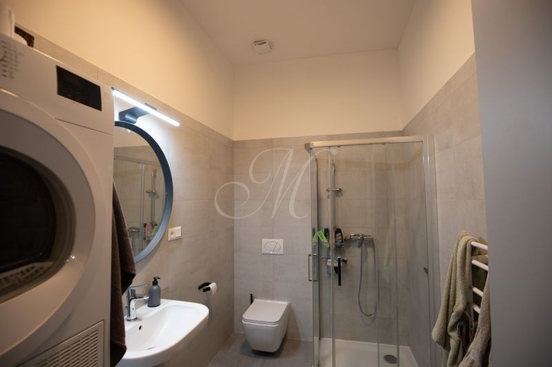 Bathroom in a 2-room apartment with a shower and a washing machine.