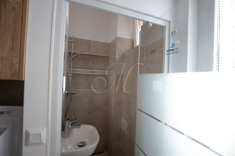 Bathroom in a studio apartment with a sink and shower, simple design.