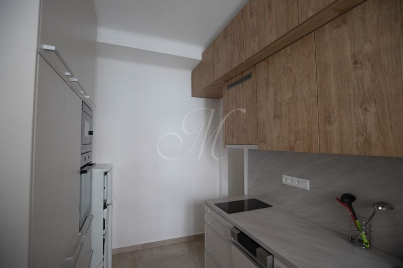 A kitchen in a studio apartment with wooden cabinets and modern appliances.