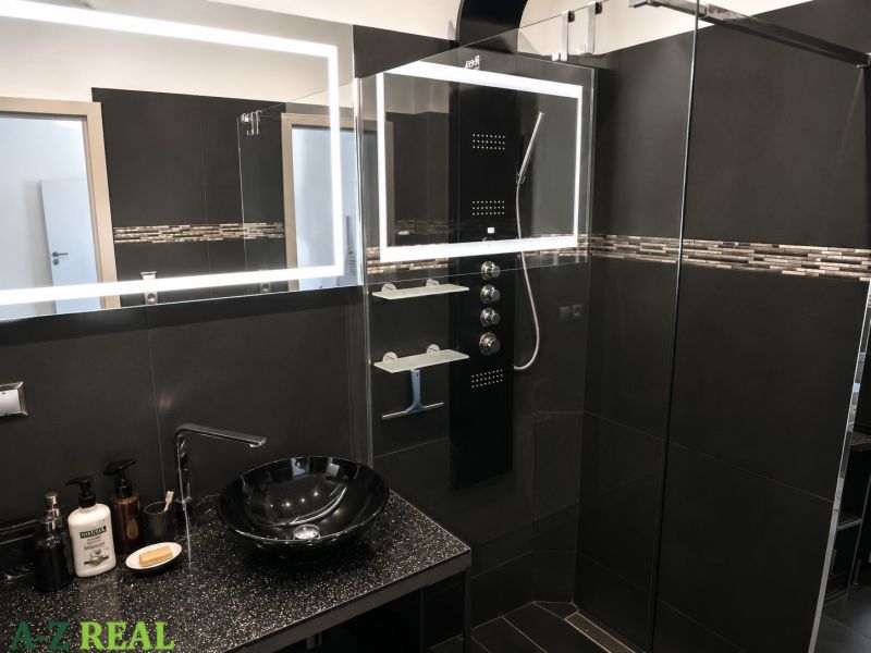A bathroom with a countertop sink and a shower in a three-room apartment.