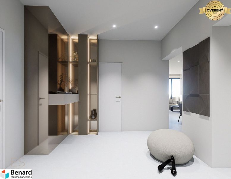 Interior of a 3-room apartment with minimalist furniture and decor on a white floor.