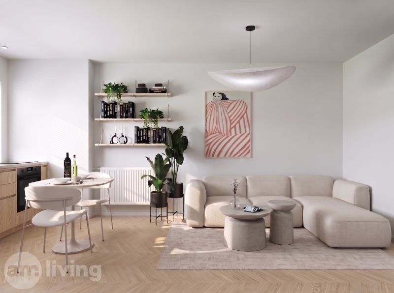 Living room in a two-room apartment with a sofa, shelves, and a wooden decor floor.