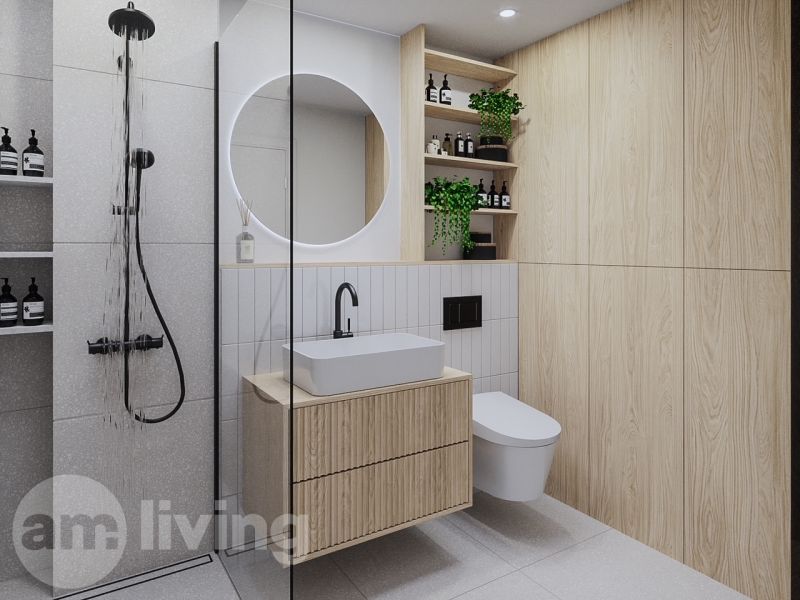 Bathroom in a 2-room apartment with wooden decor, shower, and sink.