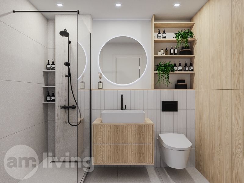 Bathroom with a shower, wooden cabinets, and a round mirror in a 2-room apartment.