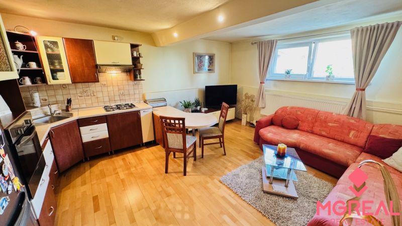Living room with a kitchen in a family house, wooden decor flooring, red sofa.