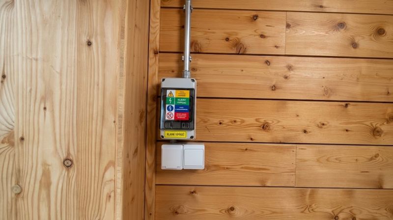 Wooden panel on the wall with a light switch in the garage.