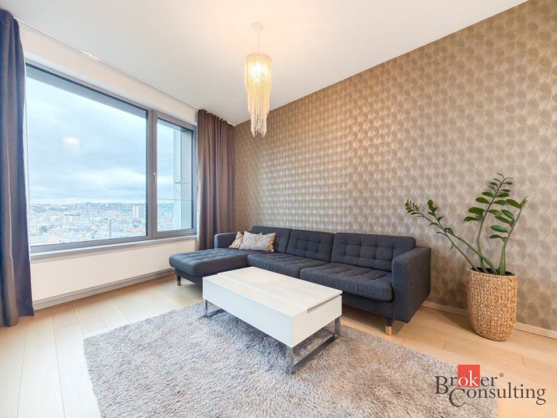 Living room in a 2-room apartment with a sofa, table, plant, and wooden decor flooring.