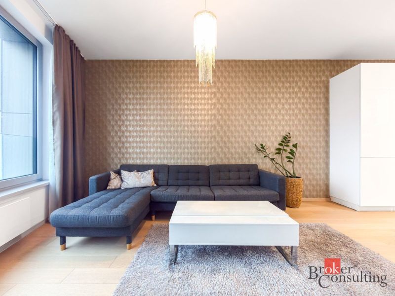 Living room with a corner sofa, carpet, and wooden decor flooring in a two-room apartment.