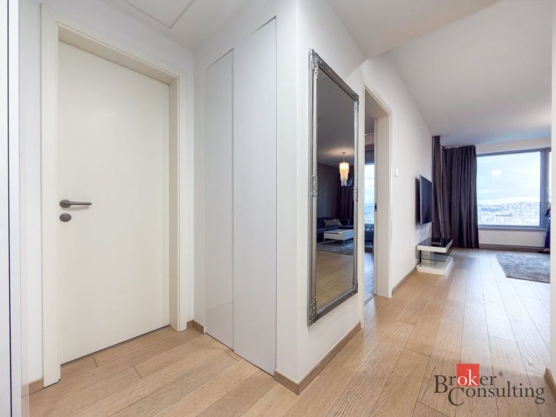 The entrance hall of a 2-room apartment with a wooden decor floor, a large mirror, and a view from the living room.