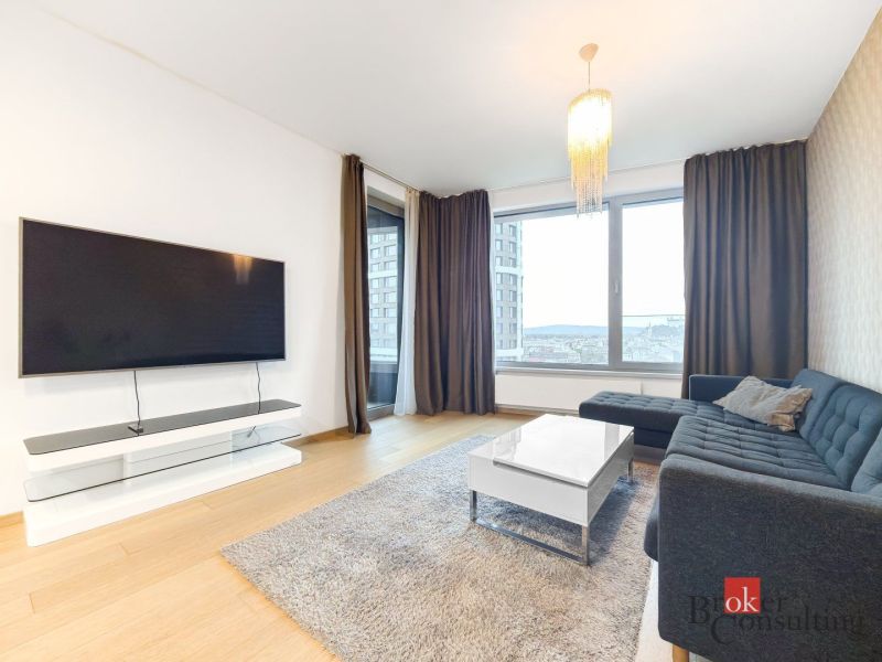 Living room in a two-room apartment with a sofa, TV, carpet, and large windows.